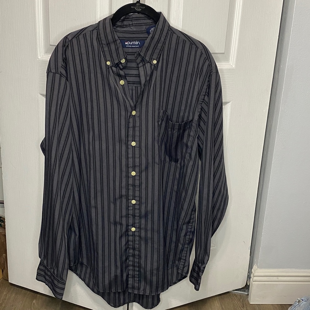 Puritan Men's Dark Gray Striped Button Down Shirt M 38/40